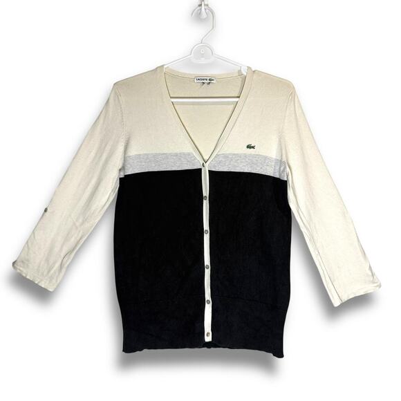 Lacoste Colorblock Knit Cardigan Ivory Gray Black V-Neck Logo Button Front S/M - Picture 8 of 8